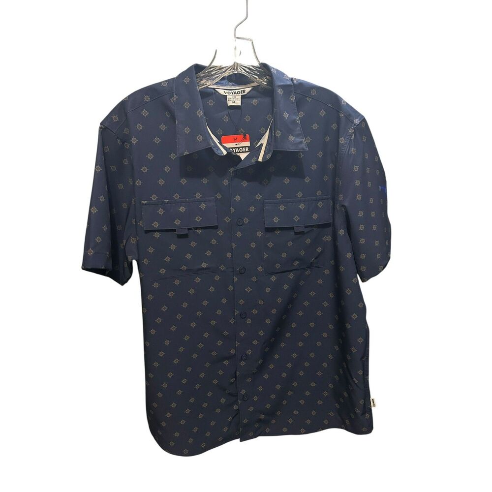 Voyager Navy Compass Print Button Up Shirt Size M Fishing Camp Shirt